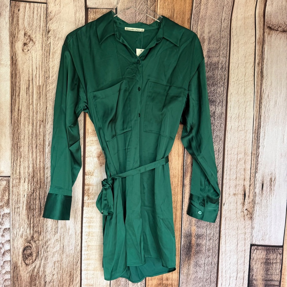 Abercrombie & Fitch Dress Satin Belted Shirt Mini Emerald Green Size Small NWT